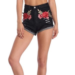 Black Rose Patch Embroidered Denim Shorts